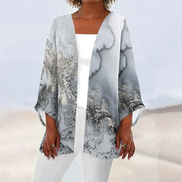 Alitao Womens Cardigan Button Down Shirts 2024 Retro Print 3/4 Sleeve Cardigans Lightweight Blouse Tops Coat Casual Duster Jackets Long Sleeve Shirts Fall Outfits Purple M