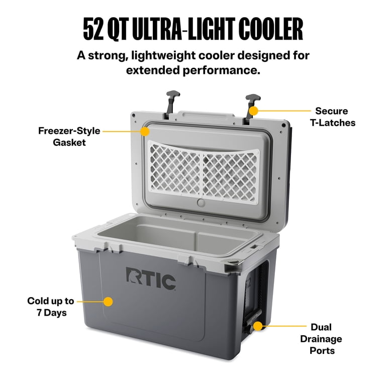 RTIC, Hard-Sided Ice Chest Cooler, 52 Qt, Fits 76 Cans, Grey