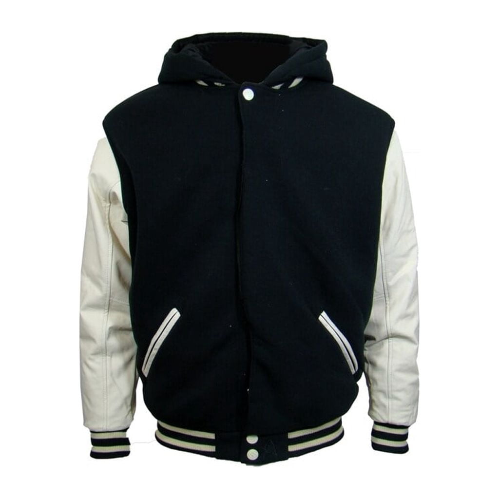 Victory Outfitters Men's Varsity Hooded Reversible Fleece Jacket with Faux Leather Sleeve