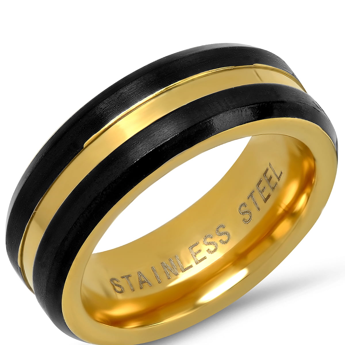 Men's Two Tone Stainless Steel Black IP Ring with 18K Gold Plated Inlay