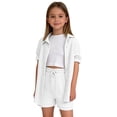 thumbnail image 2 of 2 Piece Sets for Girls Summer Lounge Set Kids Oversized Button Down Short Sleeve Shirt Matching Shorts Vacation Outfits (White, 7-8 Years), 2 of 4