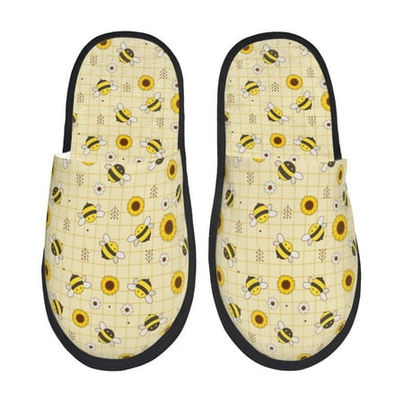 

Noikeo Sunflowers Bee Pattern Cozy Slippers Indoor for Women and Mens Fuzzy House Shoes Soft Plush Warm Slip-on Slippers-Medium