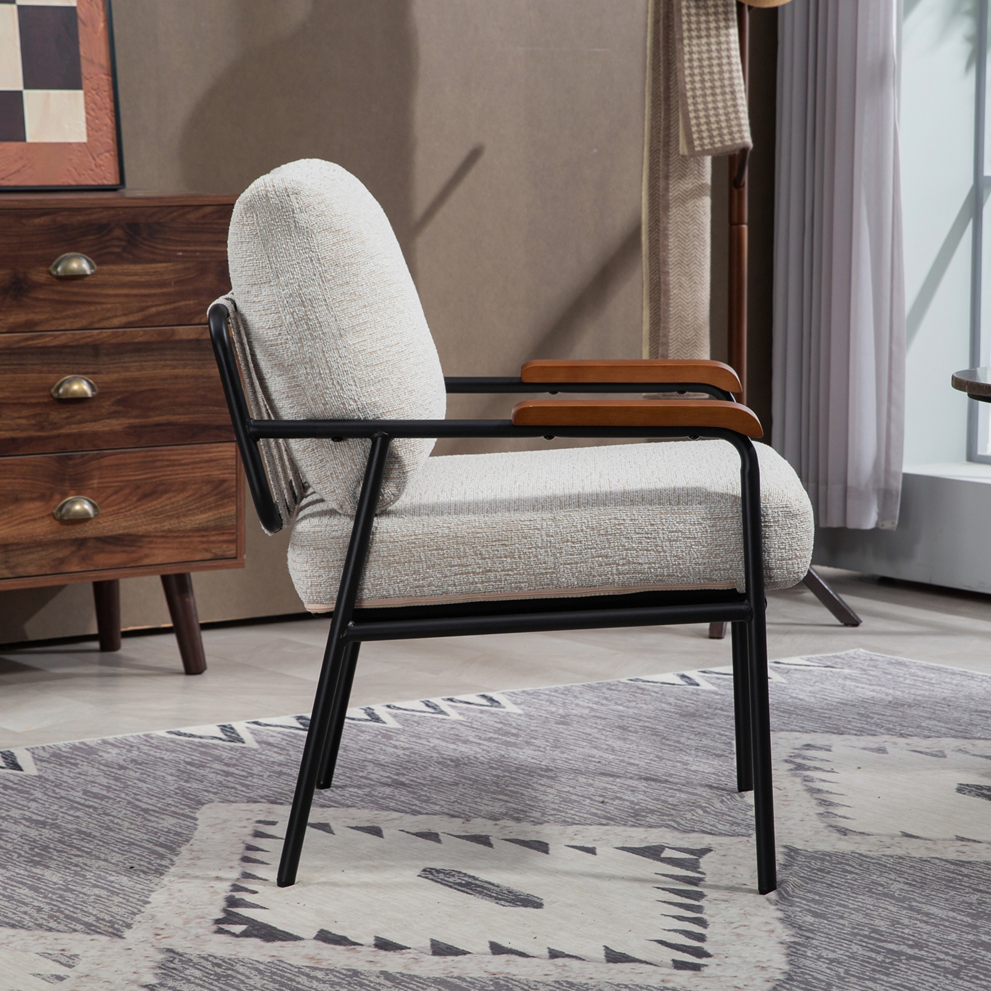 Modern Arm Chair,Accent Chair,Upholstered Lounge Chair with Black Metal Frame for Bedroom, Living Room, Dining Room,Beige