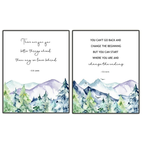 C.S. Lewis Quote Motivational Art Print - Positive Poster - Inspirational Wall Décor - Watercolor Forest Mountain Unframed Wall Art for Home Office 8”x10” Set of 2