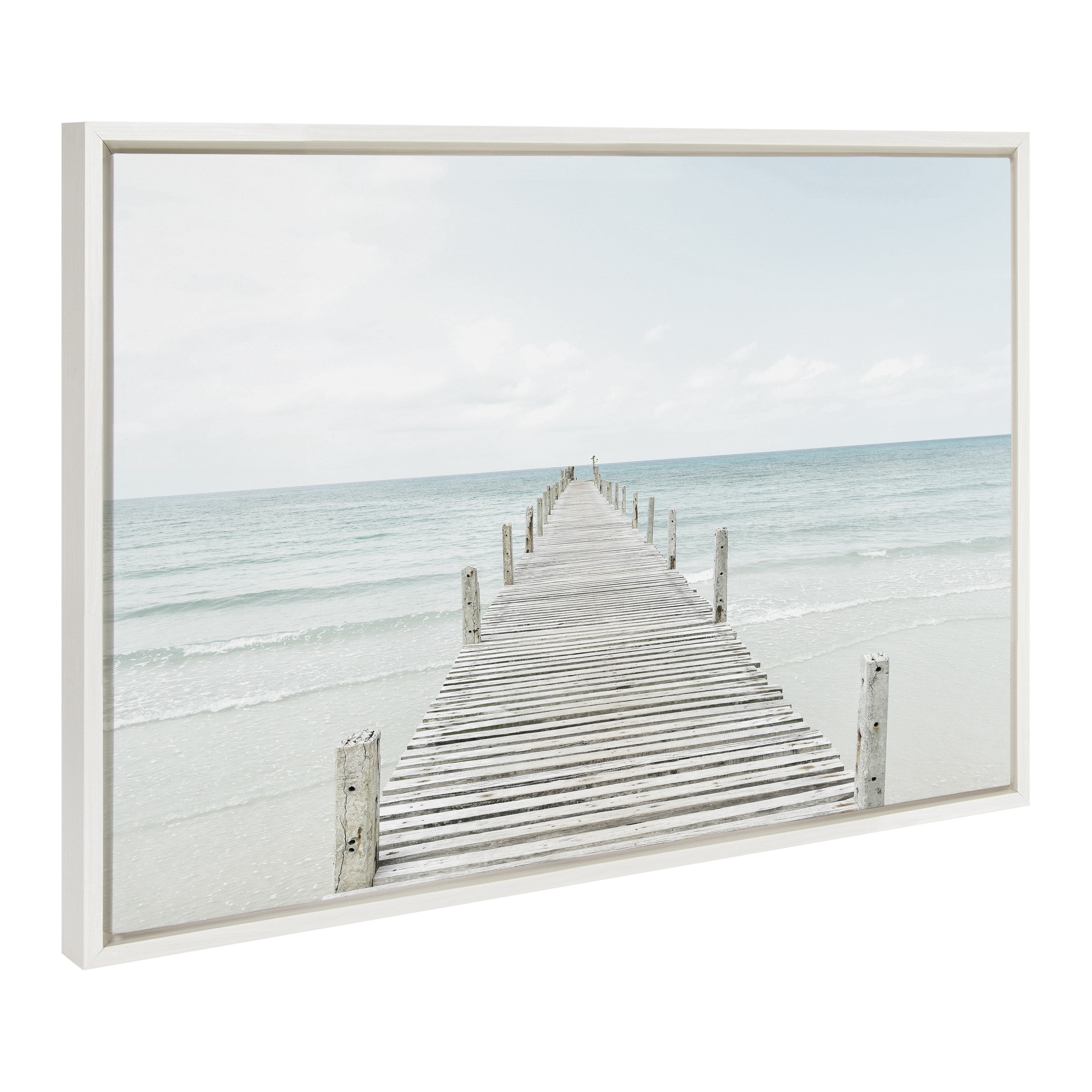 Kate and Laurel Sylvie Ocean Beach San Francisco, Whale Tail in the Mist and Wooden Pier on The Beach Framed Canvas Wall Art Set by Various Artists, Set of 3, 16x20 and 23x33 White, Coastal Art Set