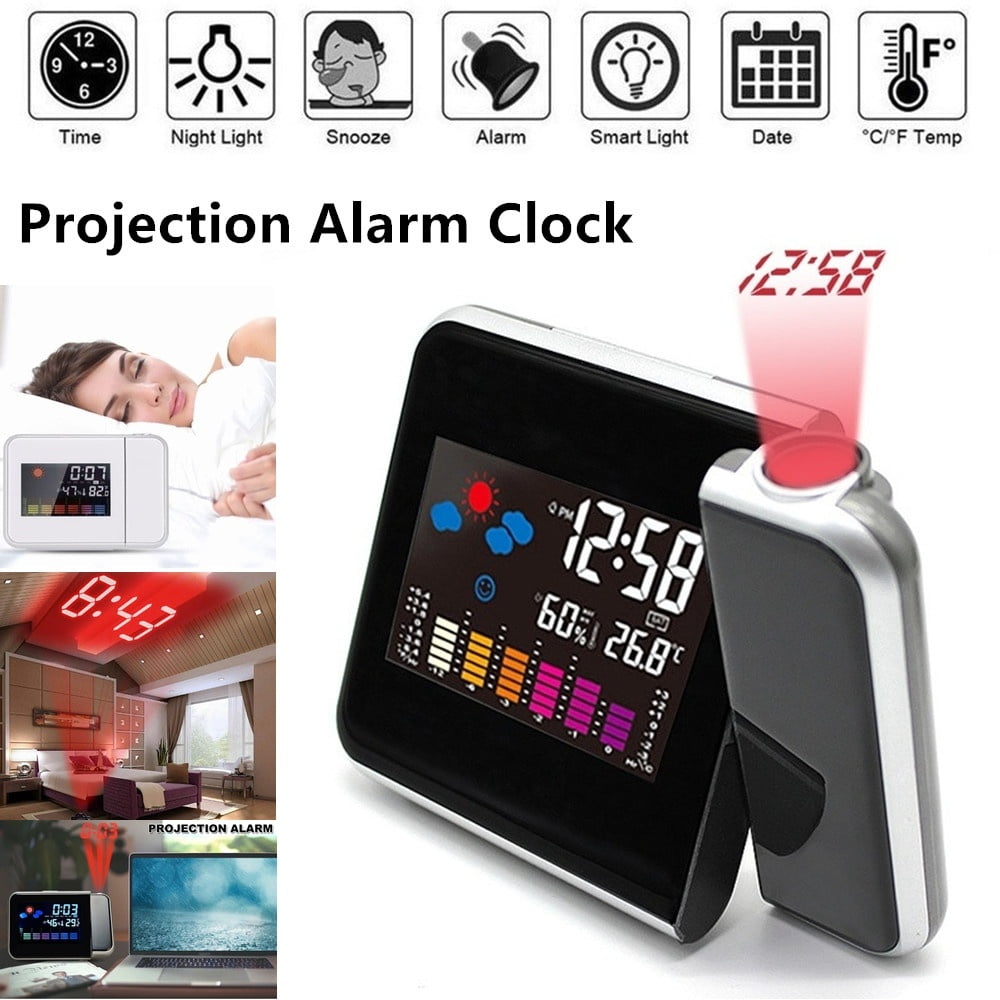 Digital Weather Temperature Humidity Wall Projector Snooze Alarm Clock LED Laser 