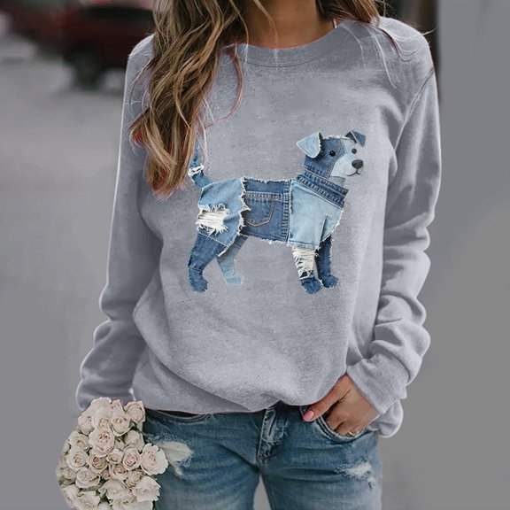 Uootdi Cute Animal Print Graphic Long Sleeve Sweatshirt for Women Crewneck Denim Patches Animal Vintage Pullovers Tops Casual Loose Outfits for women Gift