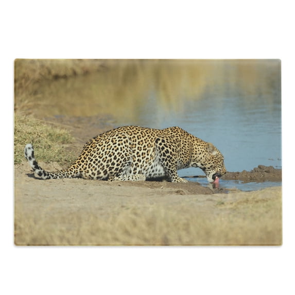 Safari Cutting Board, Leopard Panther Drinking at Waterhole Wild South Animal Documentary Print, Decorative Tempered Glass Cutting and Serving Board, Large Size, Pale Brown, by Ambesonne