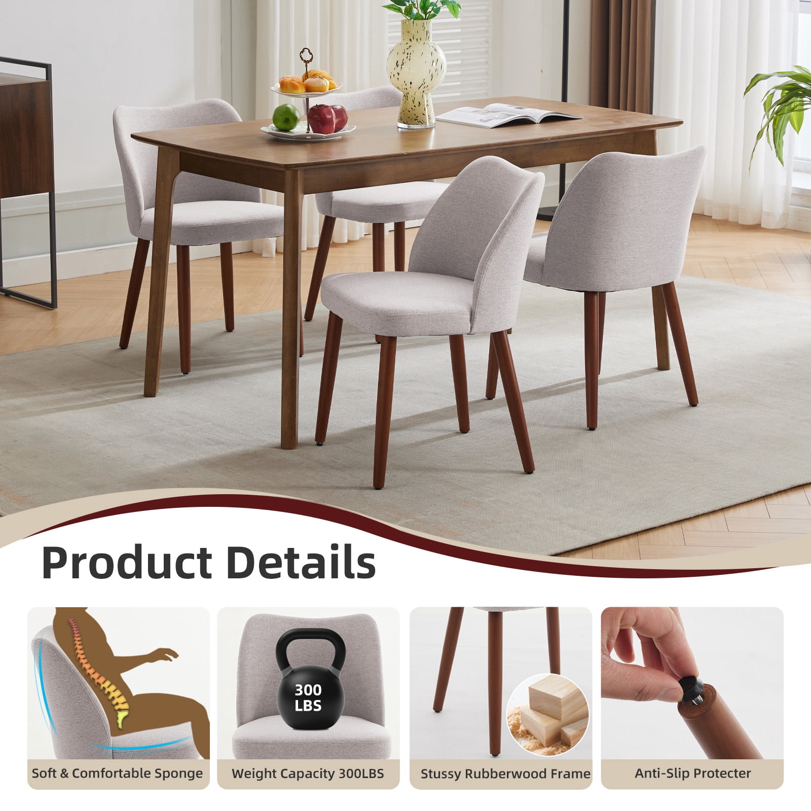 OUTGOODS Set of 2 Modern Dining Chairs, Linen Upholstered, Wood Legs