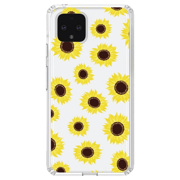 DistinctInk Clear Shockproof Hybrid Case for Google Pixel 4 (5.7" Screen) - TPU Bumper, Acrylic Back, Tempered Glass Screen Protector - Yellow Sunflowers