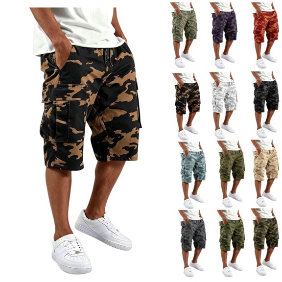Cargo Camo Shorts for Men Relaxed fit Elastic Waist Long Athletic Shorts Summer Plus Size Hiking Shorts Multi Pockets