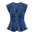 thumbnail image 4 of Holzkary Women's Denim Vest Tops Trendy 2026 Cap Sleeve Deep V Neck Button Down Y2K Fitted Pleated Sleeveless Jean Vest Tops for Women Classic Summer Crop Waistcoat Jacket Denim Tops Dark blue L, 4 of 9