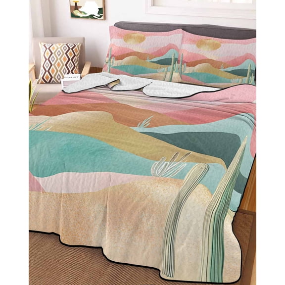 Southwest Boho Full Size Down Alternative Comforter, Lightweight Comforter Quilt Bedding Set with Pillow Shams Abstract Watercolor Cactus Mountain All Seasons Bed Comforter Duvet Insert 78"x90"