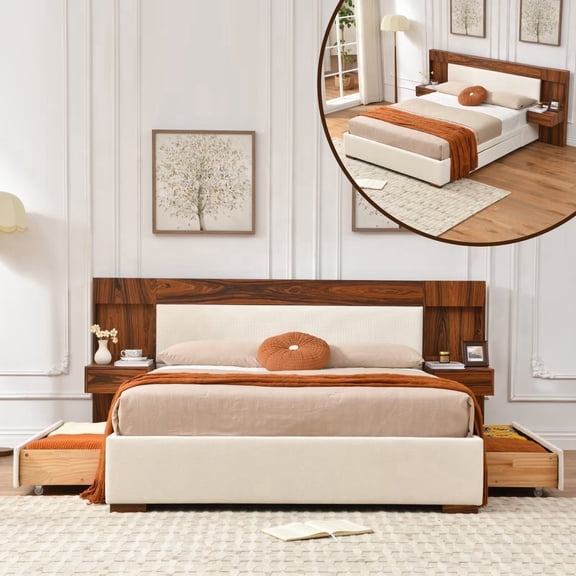 Queen Size Bed Frame with Storage Drawers & Built-in Nightstands, Wood Bed Frame with Linen Upholstered Headboard, No Box Spring Needed, Cream