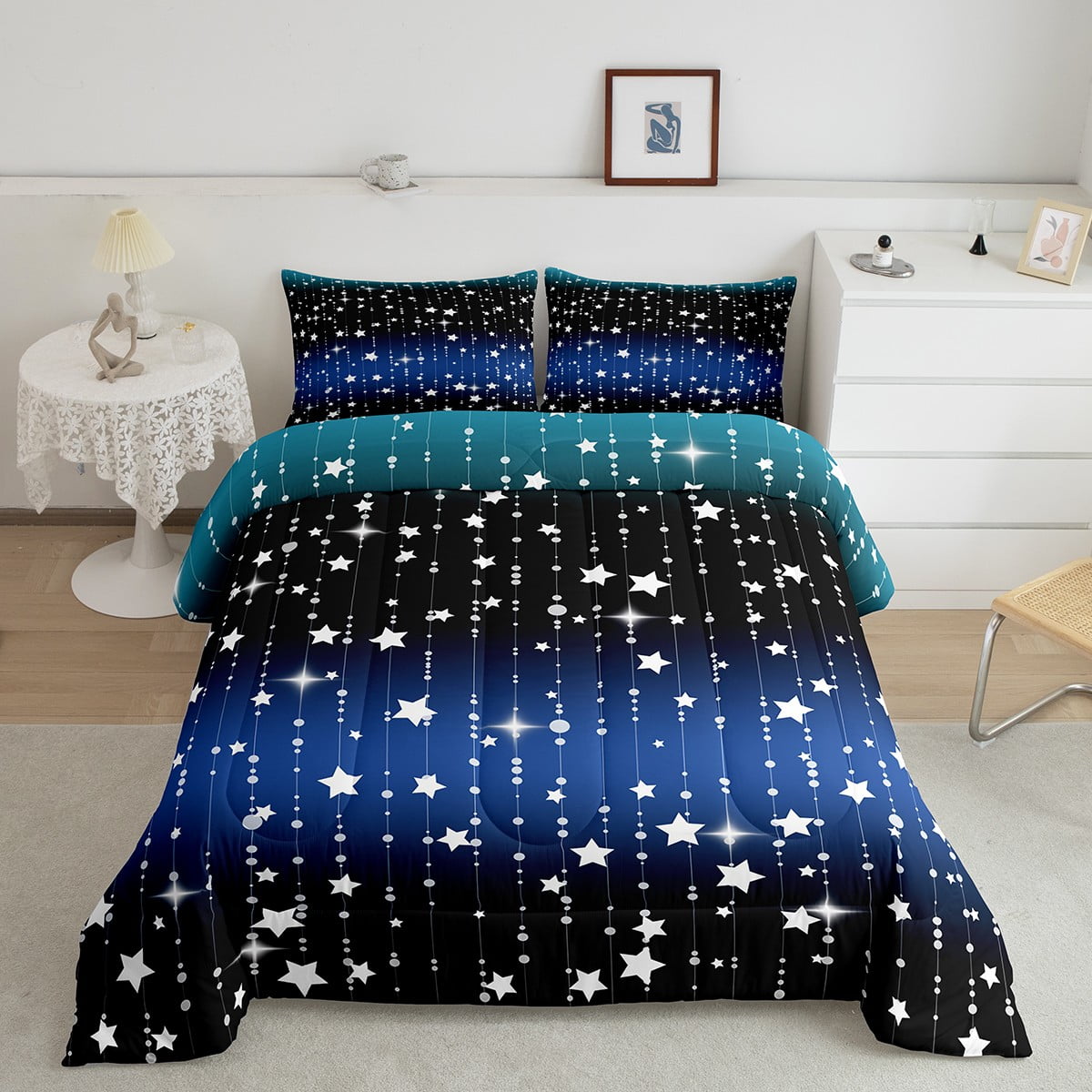 Qucover Star Comforter Set Twin 2-Piece Reversible Grey ＆ White Star Pattern Bedding Comforter Set for Boys, Girls, Teen, Super Soft Warm Winter Thic : Star Moon Bedding Set Full Size, Starry Sky Series