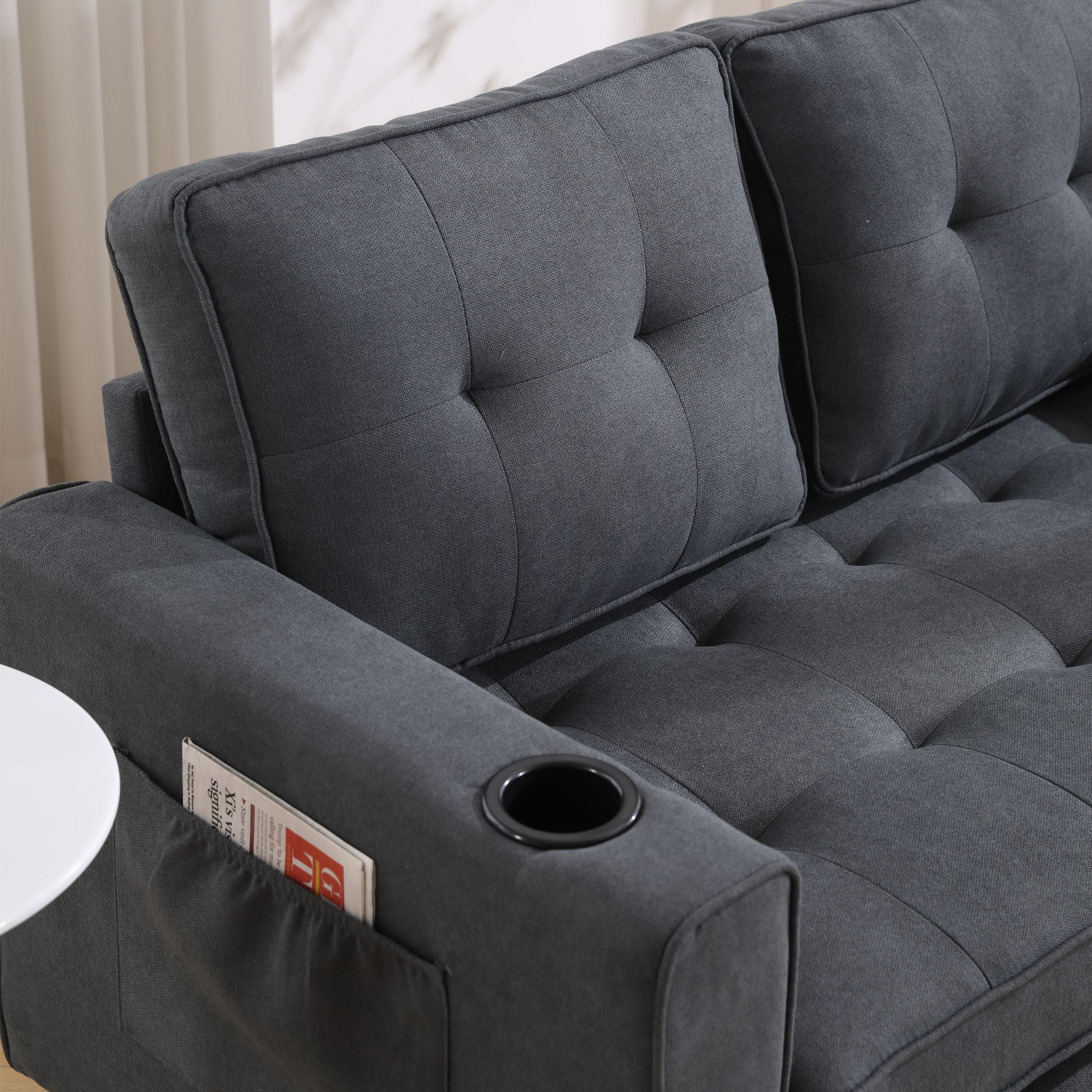 UHOMEPRO Convertible Futon Sofa Bed, Pull Out Loveseat Sleeper Sofa with Side Pockets and Cup Holders, Comfy 3-in-1 Foldable Sofa Couch, Upholstered Floor Couch for Living Room Apartment, Dark Gray