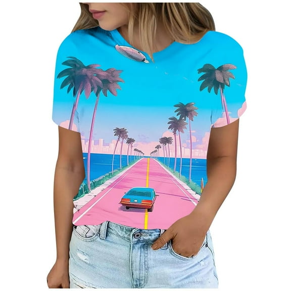 jtjvou Women's Trendy Fashion Short Sleeve Shirts Summer Going out Tops for Teen Sunset Print Tuinc Lady Round Neck Tees Casual Loose Multicolor,L