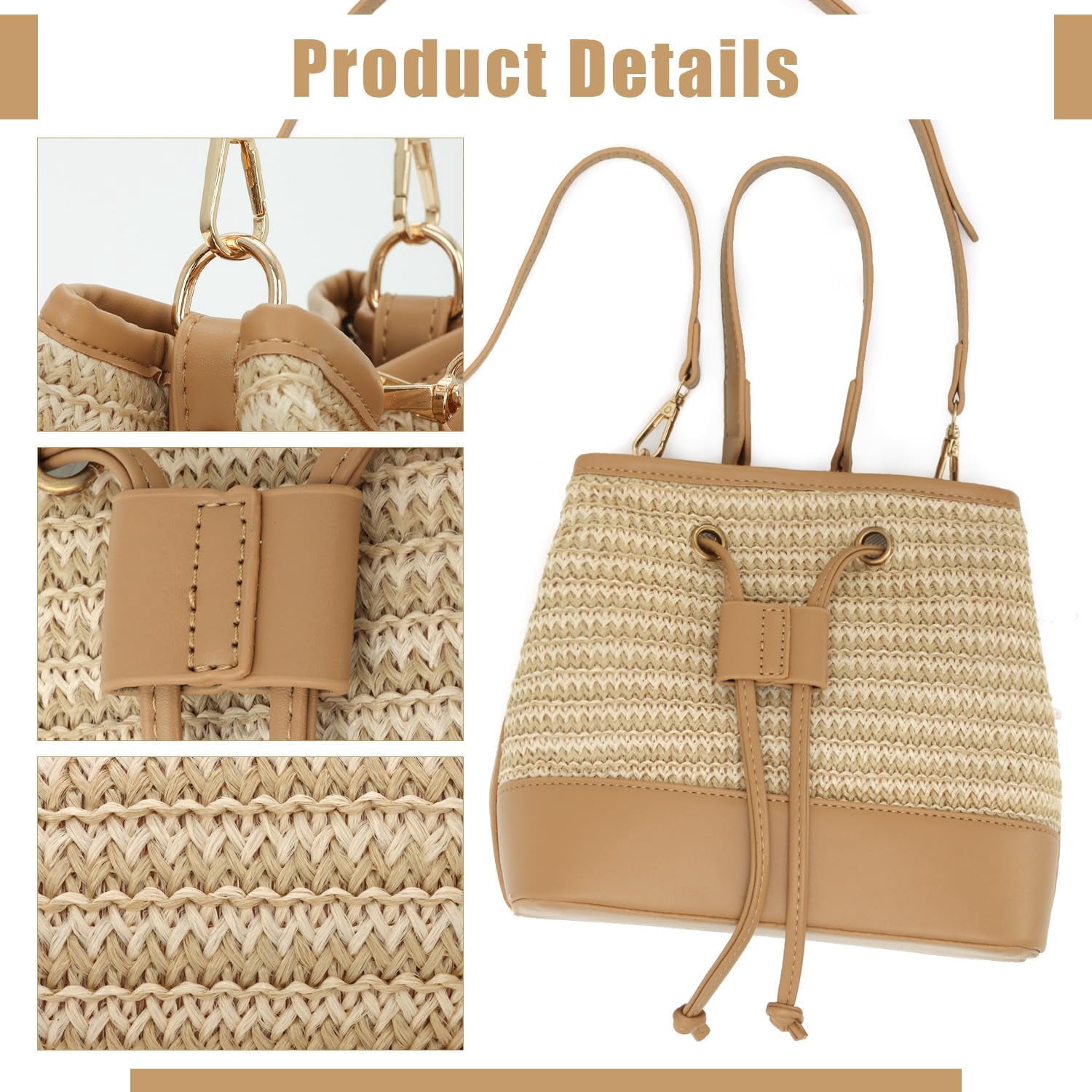 Straw Drawstring Shoulder Bag Bucket Bag for Women Summer Handwoven Beach Vacation Handbag Crossbody Bag