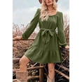 thumbnail image 5 of Solid Color Square Neck Tie Waist Long Sleeve Dress for Women Green Small, 5 of 5