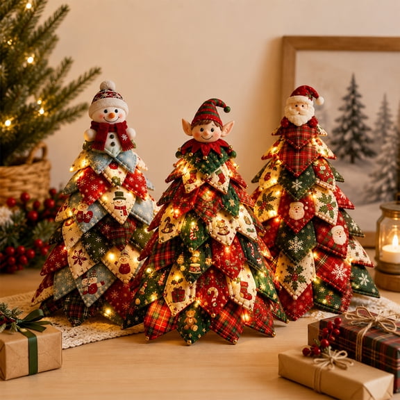 DIY Quilted Christmas Tree Kit with Warm Glow Lights, Handmade Fabric Tabletop Holiday Decor with Character Topper for Mantel Shelf