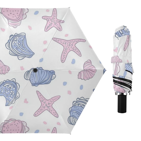 Pink Blue Seashells All Weather Umbrella Triple Folding Parasol 6 Ribs UV Protection Portable