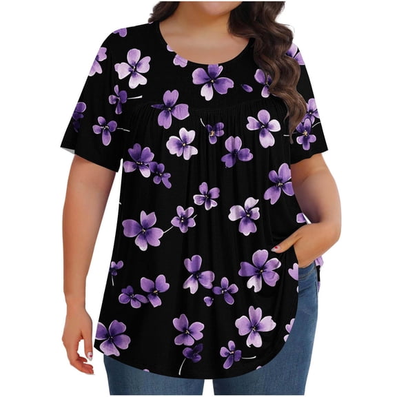Plus Size Summer Top for Women Casual Loose Short Sleeve Crewneck T Shirts Cute Curved Hem Tunics Blouse Tees (XL, Multicolor)
