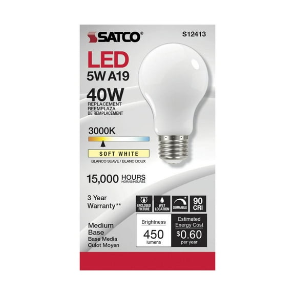 SATCO S12413 A19 LED Bulbs 5W 120V 3000K Frosted White E26 Medium Base Dimmable (6 Pack)
