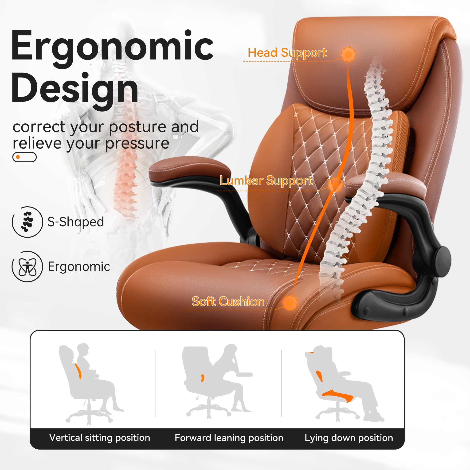 COOLHUT Big and Tall Office Chair 500LBS Wide Seat Ergonomic Computer Desk Chair, High Back Executive PU Leather Chair, Adjustable Armrest and Lumbar Back Support Office Chair, Brown