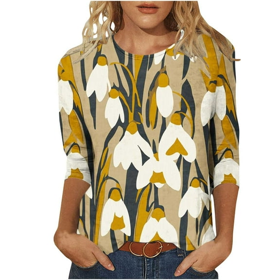 CYMMPU 3/4 Sleeve Round Neck Blouses for Women Dressy Casual Loose Fit Spring Tops Fall Trendy Shirts Flower Printed T-Shirts Lightweight Basic Tees Multicolor XXL