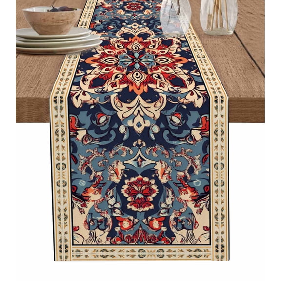 Bohemian Burlap Cotton Table Runner 13x108 Inches Long, Blue Retro Boho Ethnic Farmhouse Colorful Farmhouse Table Runners, Outdoor Dining Tablecloths Decor for Baby Shower/Party/Wedding