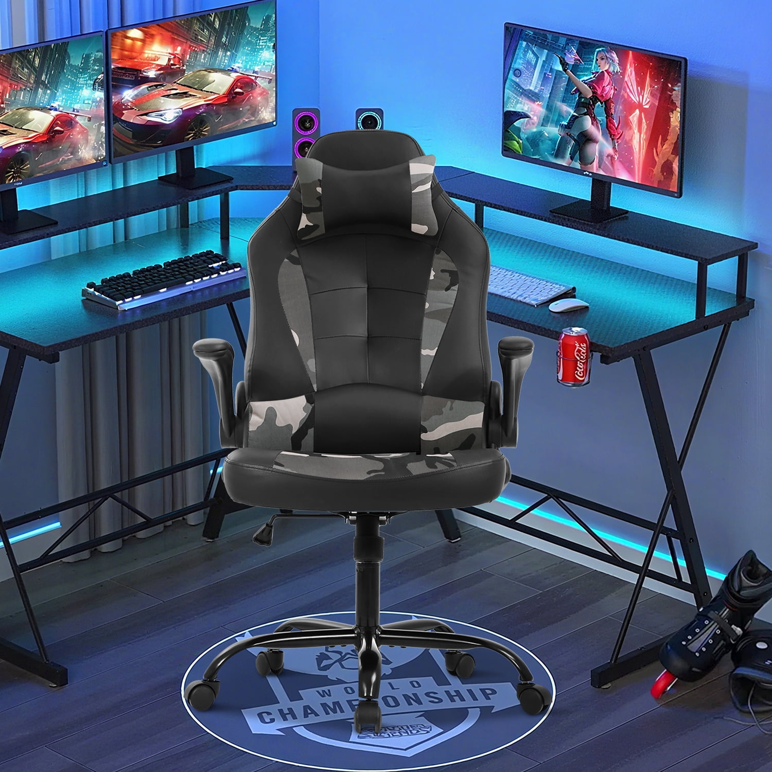 Video Game Chair High Back Gaming Chair PU Leather Racing Chair with Headrest Lumbar Support & Flip-up Arms , Adjustable Gamer Chair for Adults & Kids, Camo