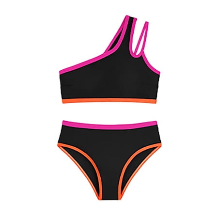 Rhuody Girl Swimsuit 15-16 Years Sleeveless Swimwear Two Piece One Shoulder Bathing With Chest Pad Color Bikini Basic Beach Wear Black