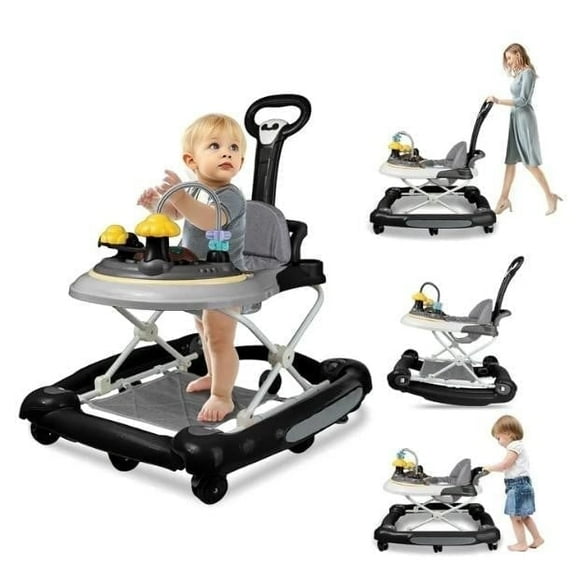 LHUAI Baby Walker With Bouncer, Removable Footrest, Feeding Tray & Music, Foldable & Adjustable Activity Walker For Boys And Girls, Toddler Infant, Black
