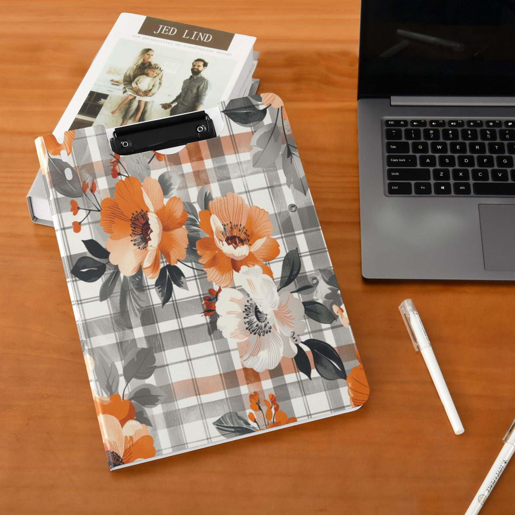 FORMRS A4 Clipboard Folder with Pen Holder Horizontal Foldable School Office Binder, Plaid Floral