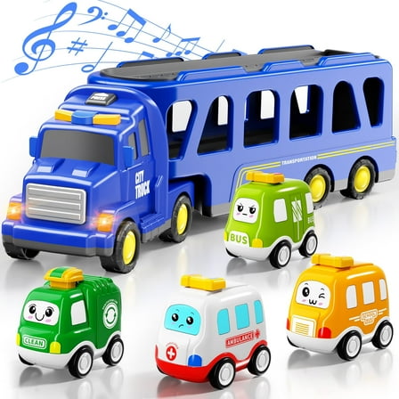 KukuFun 16.9-in Transport City Truck with 6 Cars, Car Truck Toys with Lights & Sounds, Toddlers Truck Toys Birthday Gift for 2 3 4 5 Years Old Boys and Girls
