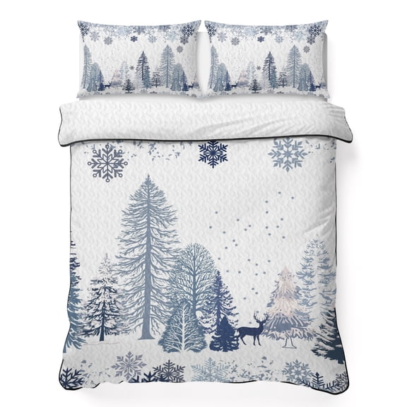 Quilts Queen Size Bedding Set, Blue Christmas Lightweight Quilted Comforter, Xmas Tree Snowflake Elk Winter Forest Soft Reversible Bedspread Coverlet with Pillow Covers for All Season, 90" x 96"