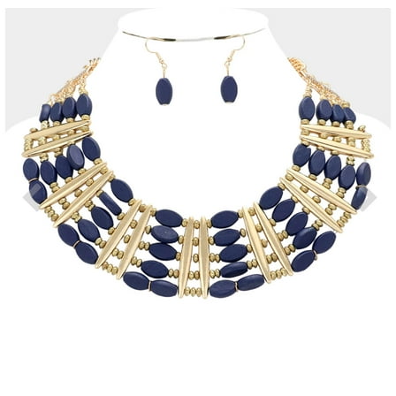 Pierced gold and blue wood 2" wide necklace and earring set