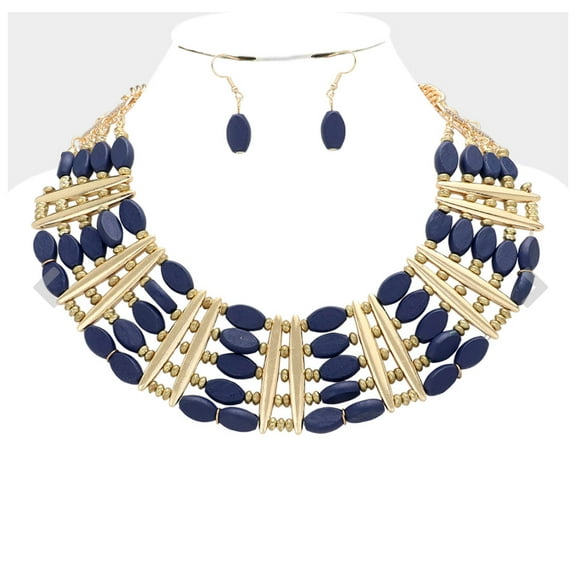Pierced gold and blue wood 2" wide necklace and earring set