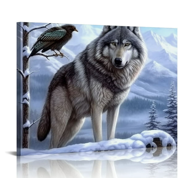 COMIO Blue Vintage Animal Deer Pictures Home Decor Winter Wolf Wildlife Canvas Printed Wall Art for Living Dining Room Decorations Modern Framed