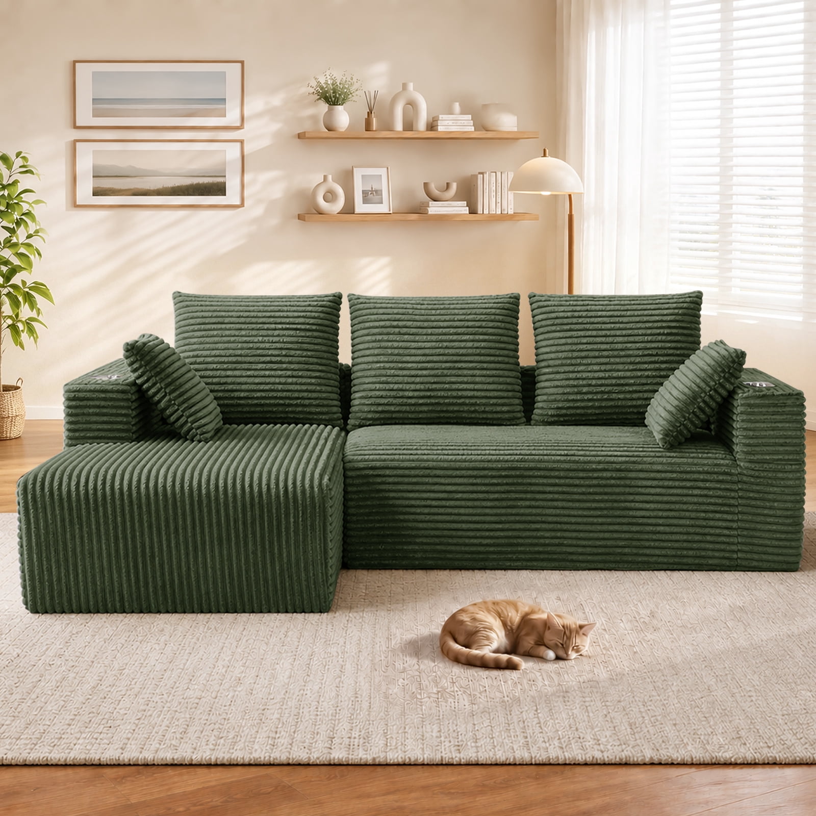 Lunale 95" Modular Sectional Sofa, L-Shaped Boneless Cloud Couch with Cup Holders, Modern Deep Seat Sofa for Living Room, Green (Left Facing Chaise)