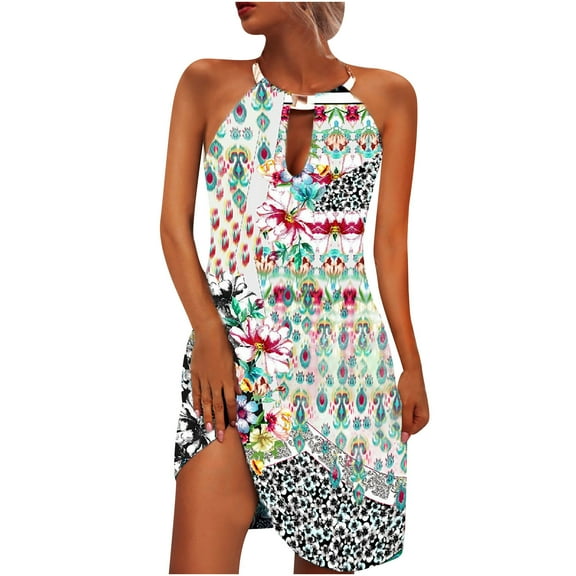 IROINNID Women's Sleeveless Halter Dress Round Neckline Summer Casual Adjustable Metal Hanging Neck Dress Strapless Print Dress