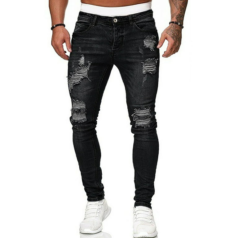 Cargo Pants for Men Casual Hole-rubbed White Slim Fit Denim Pants Fashion Chinos Jeans Black XL Walmart.com