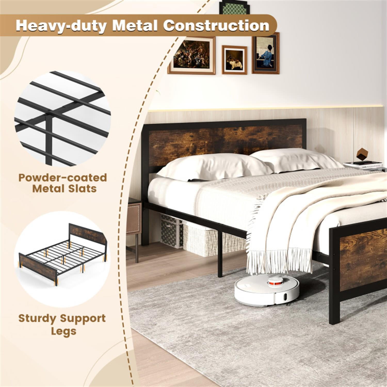 Demi Bonn Queen Size Bed Frame with Headboard and Footboard, Modern Metal Platform Bed Frame with Under Bed Storage, No Box Spring Needed, Brown