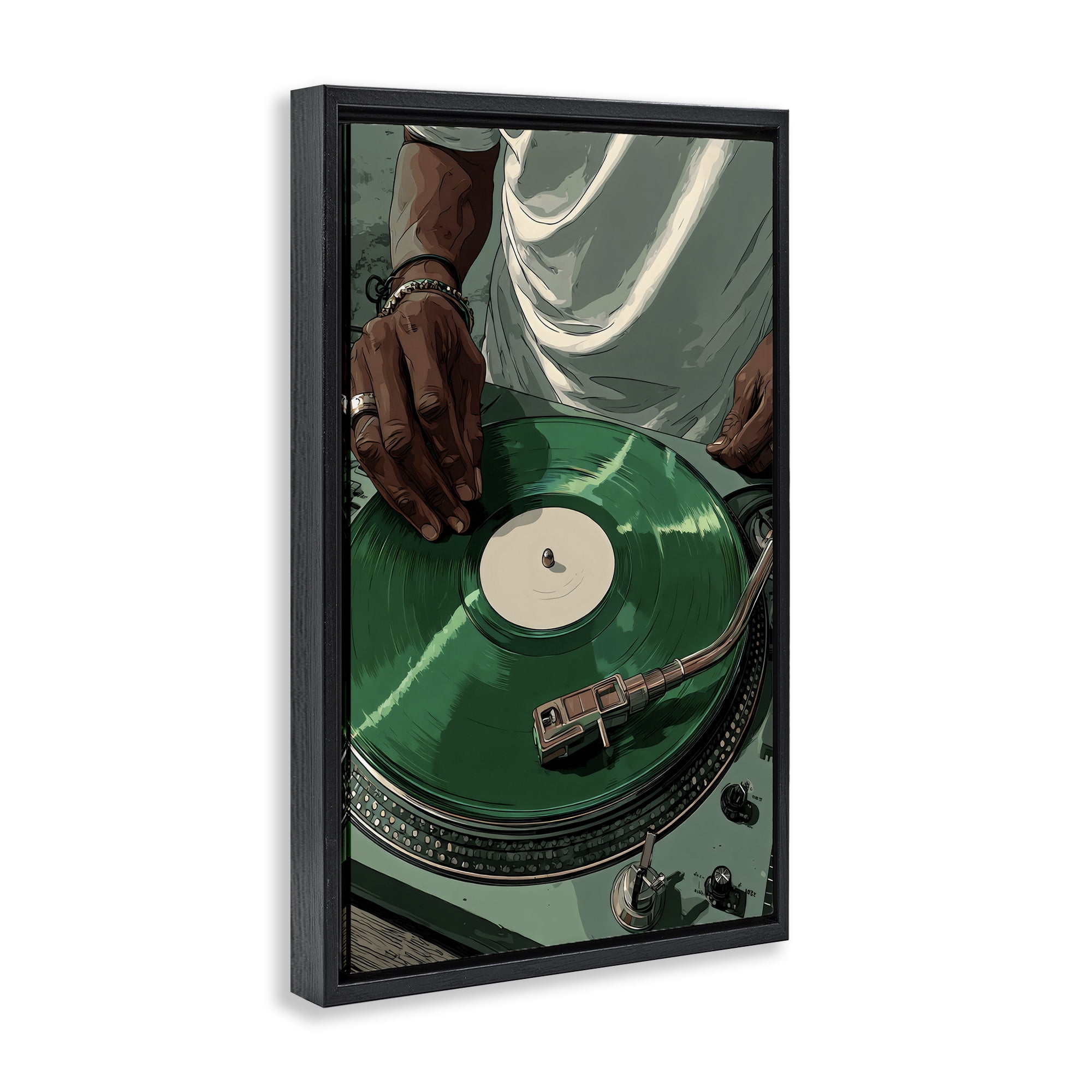 Stupell Industries DJ Spinning Green Record Black Framed Floater Canvas Wall Art, design by Franklyn Gregory
