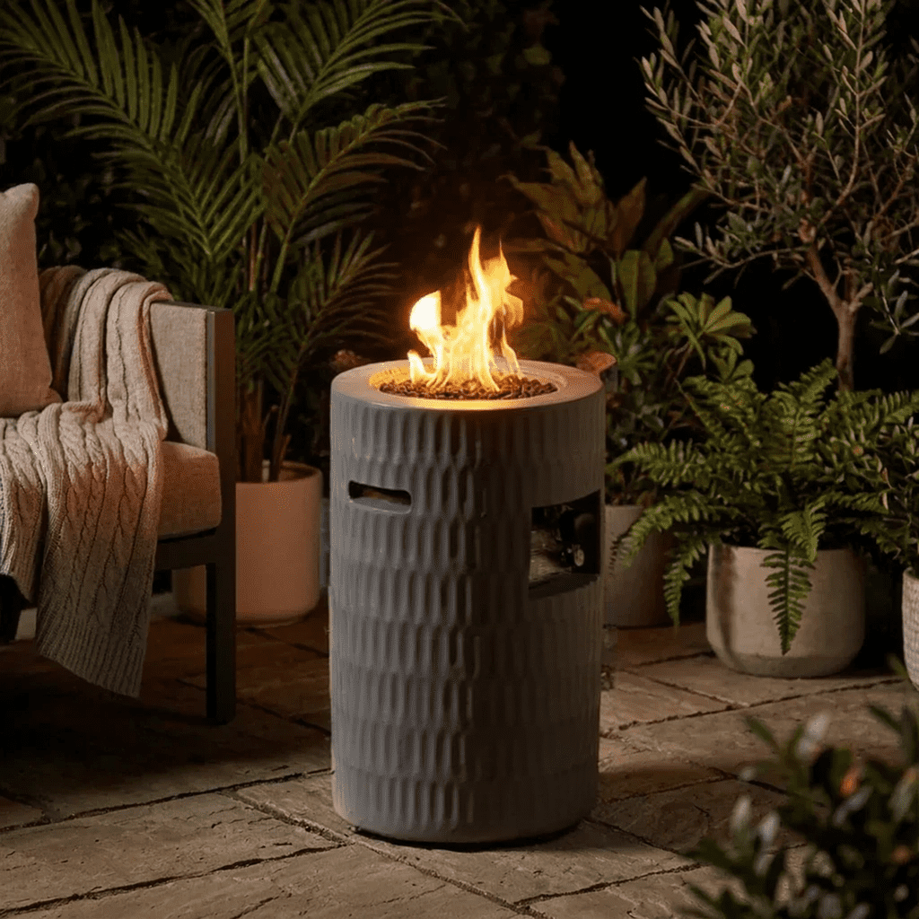 Mintazer 26" Propane Fire Pit, 40,000 BTU Cylindrical Concrete Outdoor Fire Pit with Hidden Tank & Waterproof Cover for Patio Backyard Deck, Dark Grey