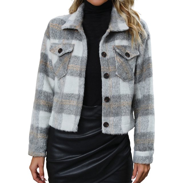 Heiheiup Women's Casual Fashion Jacket Short Plaid Fleece Button New Woolen Jacket Jacket Jacket