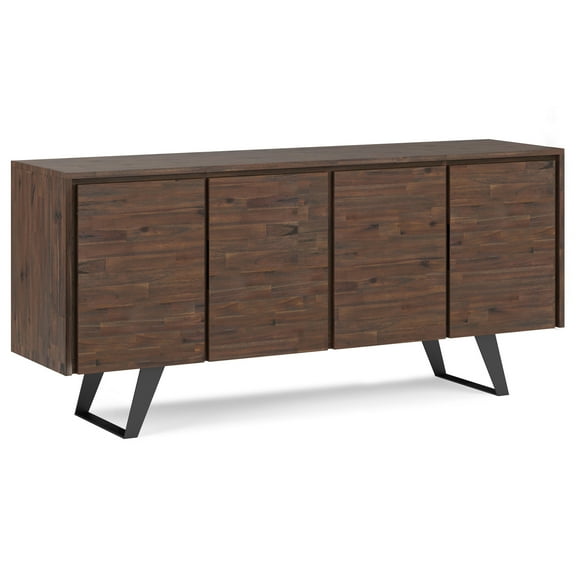 Simpli Home Lowry SOLID ACACIA WOOD and Metal 66 inch x 17 inch Modern Industrial Large 4 Door Sideboard Buffet in Distressed Charcoal Brown