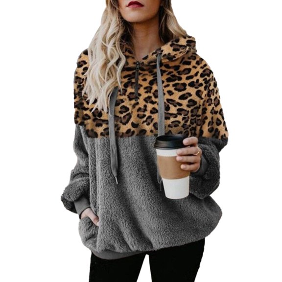 Hoodie for Women Leopard Print Plush Sweatshirt with Pockets Drawstring Hood Long Sleeve Cold Outwear Girl's Costume Loose Baggy Pull-over S-5XL 4XL Gray