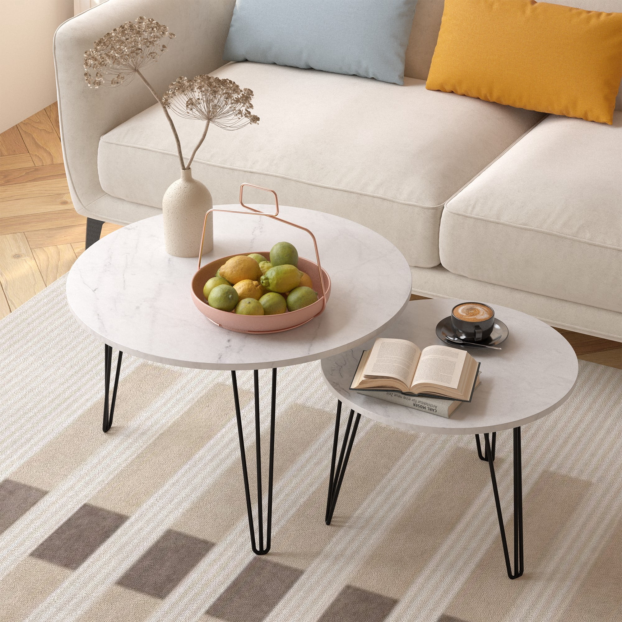 27.56'' Round Nesting Coffee Table Set of 2,Wooden End Table Set, with Metal Base for Living Room,Bedroom,White