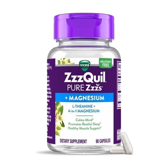 ZzzQuil PURE Zzzs Sleep Aid, 4-in-1 Magnesium: Citrate, Bisglycinate, Oxide, and Carbonate, 90 Capsules